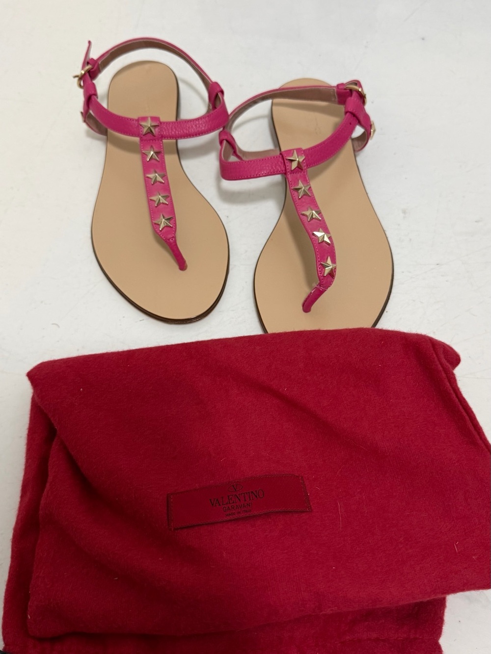 Valentino Hot Pink Rockstud T-Strap Leather Sandals
